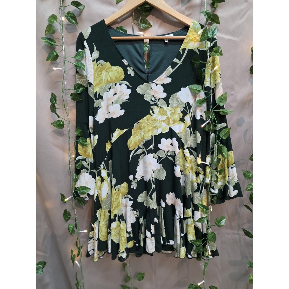 Jodifl Floral Babydoll Boho Tunic Dress Green Yellow 3/4 Sleeve Ruffles Size S